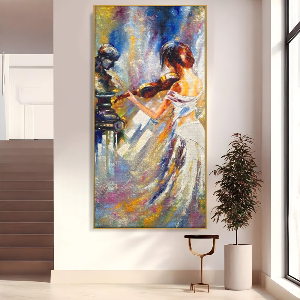 Tablou canvas cu pictura femeie cantand la vioara, in rama de aluminiu auriu